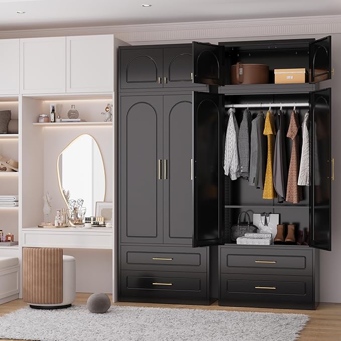Metal Armoire Wardrobe Cabinet, 86" Tall Wardrobe Closet with Doors, Black Clothing Storage Cabinet with Hanging Rod, Large Armoire for Bedroom, Office, School, Gym