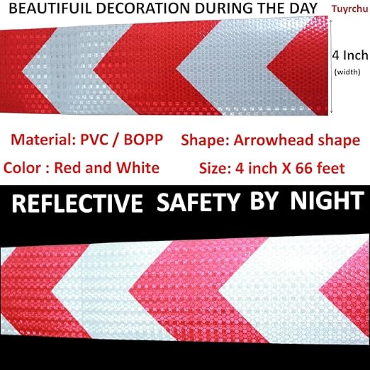 Reflective Tape Red and White 4 inch X 66 feet, Outdoor Waterproof Hazard Conspicuity Warning Industrial Marking Tape