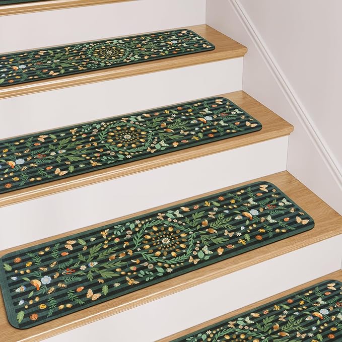 OJIA Black Stair Treads for Wooden Steps Indoor Stair Runners 15PCS 30"x8" Non Slip Stair Treads, Rubber Backed Insect Print Stair Mat Carpet Treads for Kids & Dogs, Stair Covers