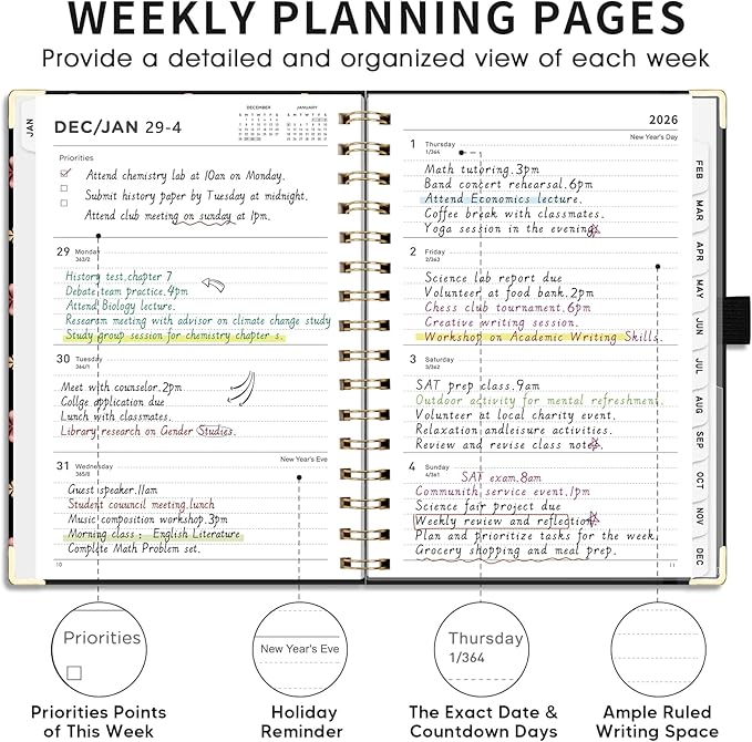 AHGXG 2026 Planner, Weekly and Monthly Planner for Women, Jan 2026 - Dec 2026, Medium Size (5.7" x 8.3"), Calendar 2026, Hardcover with Monthly Tabs, Spiral-Bound, 100 GSM Thick Paper, Black Star