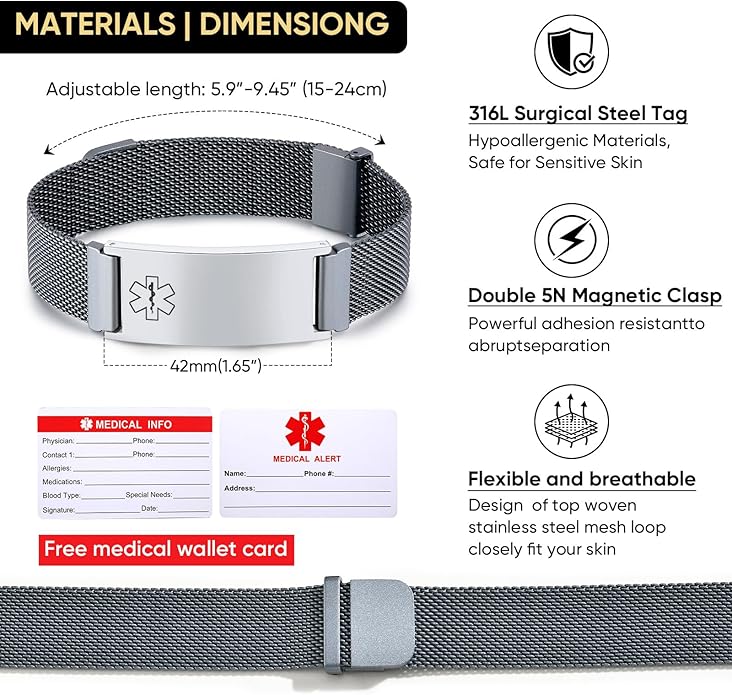 VNOX Medical Alert Id Bracelet for Men Women, Custom Engraving Adjustable Stainless Steel Customizable Mesh Emergency Survival Medic Bracelets Wristband Loop Band with Replacement Tag