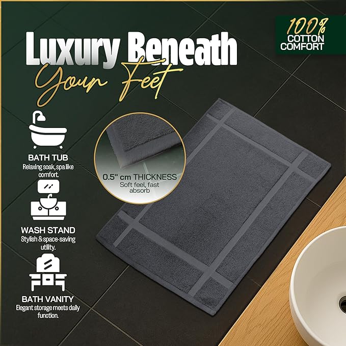 Pearl Linens 100% Ring Spun Cotton Bath Mat (Pack of 12) 20 x 30 Inch, Washable, Soft & Absorbent Terry Bathroom Floor Mat – Not Bathroom Rugs – Quick-Dry After Shower Bath Mat, 687 GSM, Dark Grey