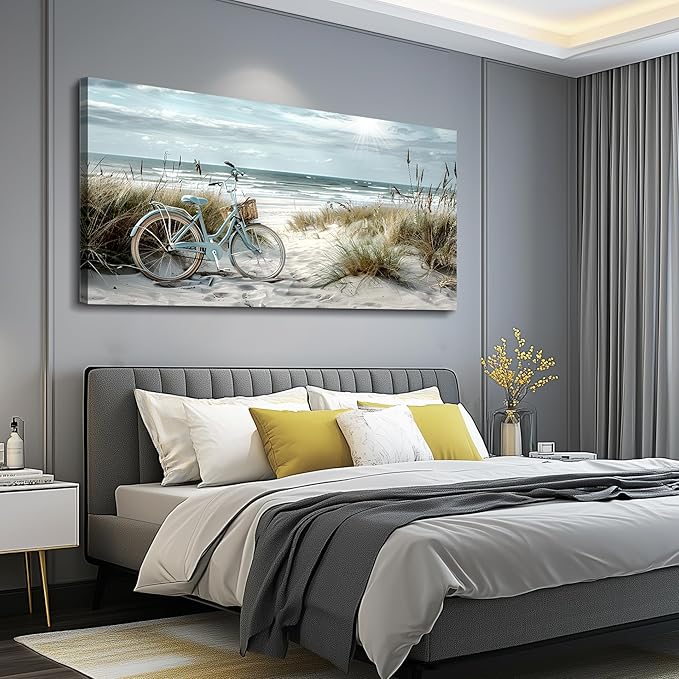FUHAIHUA Large Wall Art For Bedroom Canvas Wall Decor For Living Room Office Decoration Blue Beach Bicycle Seascape Painting Ocean Landscape Wall Pictures Artwork Modern Home Decor Posters 30"X60"