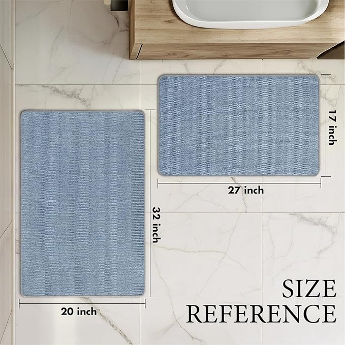 MIULEE Set of 2 Ultra Thin Bathroom Rugs, Rubber Bath Mats for Bathroom Non Slip, Quick Dry Absorbent Bath Rug Machine Washable, Fit Under Door, Shower, Sink, Home Decor, Blue, 17"x27"+20"x32"