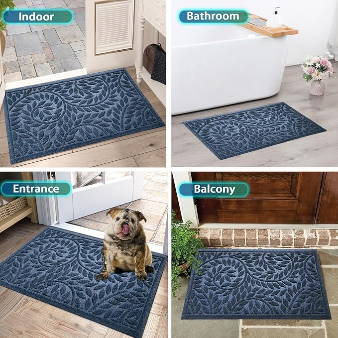 Bulijojo Front Door Mat Entrance,Durable Heavy Duty Welcome Mat,Thick Absorbent Natural Rubber Non Slip Mat,Sturdy Entryway Blue 23"x35"