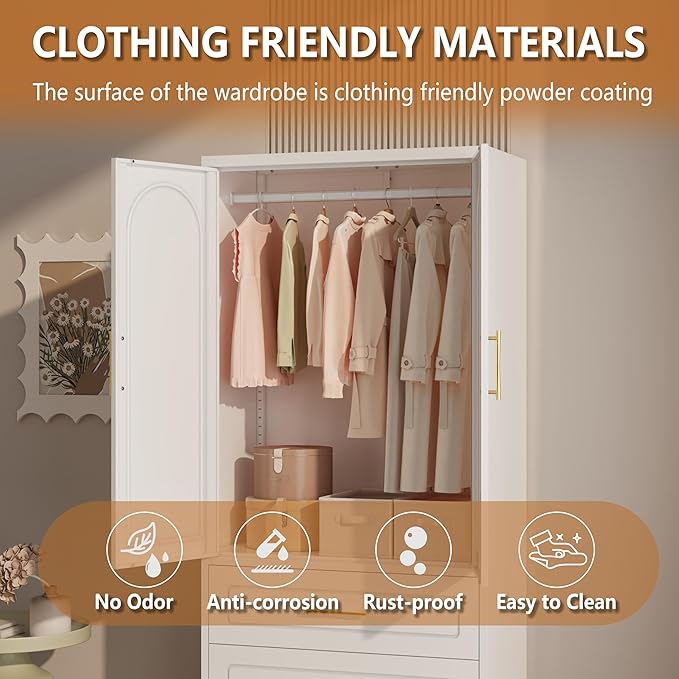 Armoire Wardrobe Closet with Three Drawers, 71" Tall Large Wardrobe Cabinet with Hanging Rod, Clothing Metal Storage Cabinet with Doors and Shelves for Bedroom, White, Assemble Required