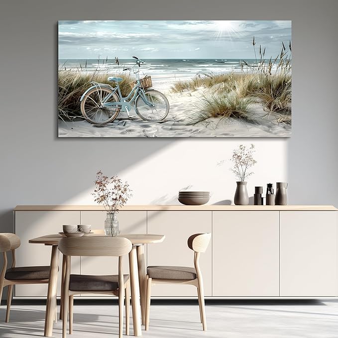 FUHAIHUA Wall Art For Living Room Canvas Decor For Bedroom Modern Office Decorations Blue Beach Bicycle Seascape Paintings Ocean Landscape Pictures Artwork Ready To Hang Home Decor