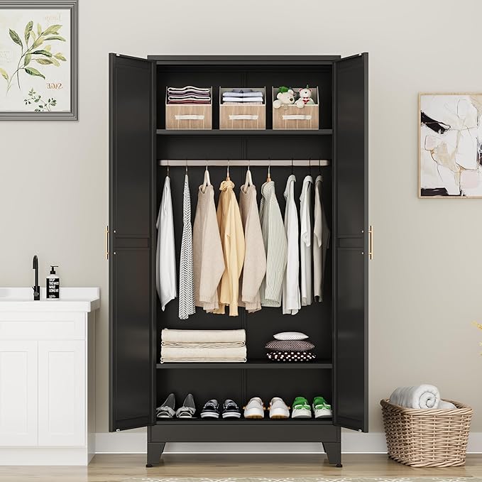 Metal Armoire Wardrobe Closet Storage Cabinet with Hanging Rod,71'' Metal Wardrobe Cabinet with 2 Doors and 2 Adjustable Shelves for Bedroom, Laundry Room, Cloak Room