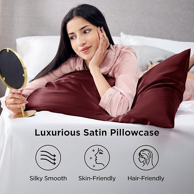 Bedsure King Size Satin Pillowcase Set of 2 - Valentine Pillow Cases for Hair and Skin with Envelope Closure, Similar to Silk Pillow Cases, Gifts for Women Men, Burgundy, 20x36 Inches, 2pcs