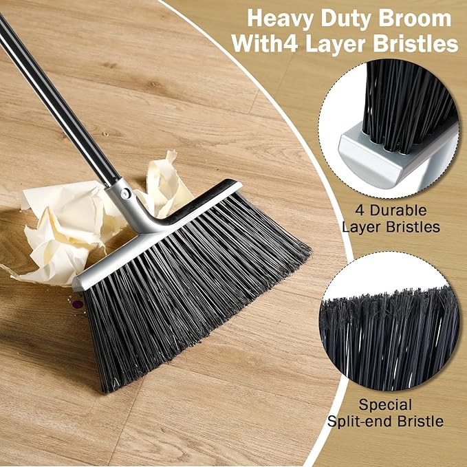 Roshtia 8 Pcs Heavy Duty Broom Set 58 Inch Outdoor Indoor Commercial Stiff Broom With Long Handle Angle Garage Concrete Outside for Sweeping Patio (Gray)