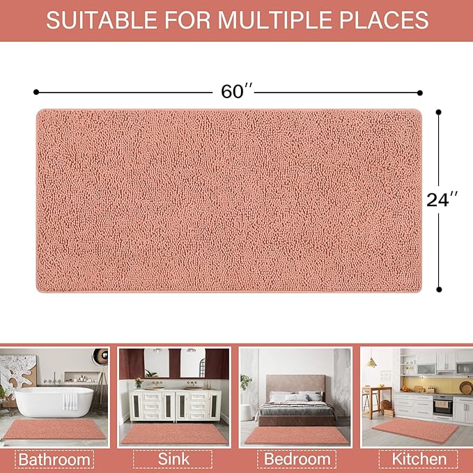 LOCHAS Luxury Bathroom Rug Shaggy Bath Mat 24 x 60 Inch, Washable Non Slip Bath Rugs for Bathroom Shower, Soft Plush Chenille Absorbent Carpets Mats, Pink