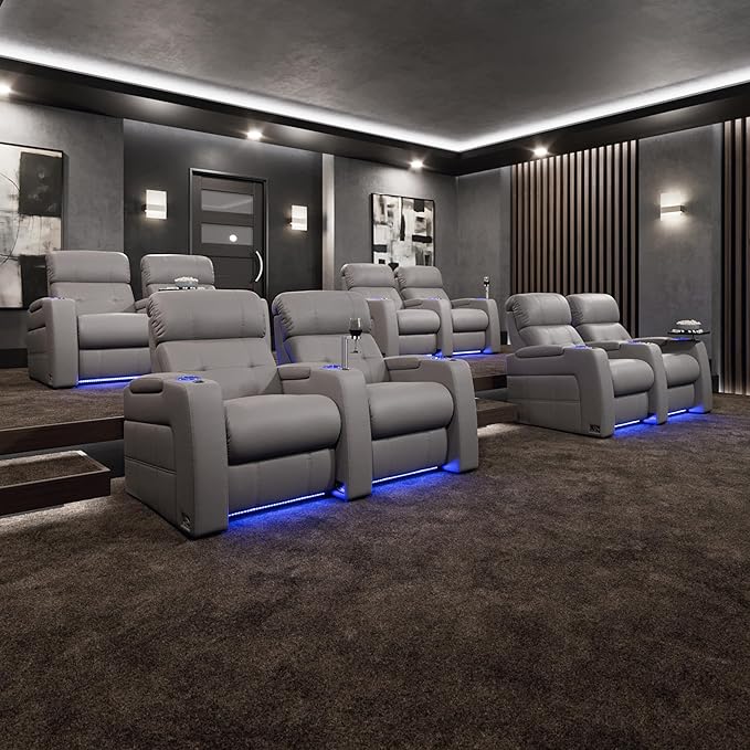 Seatcraft Kodiak Zero-Gravity CoolZero Italian Leather Home Theater Seating, Powered Headrest, Powered Lumbar, Powered Recline, Row of 2, Gray