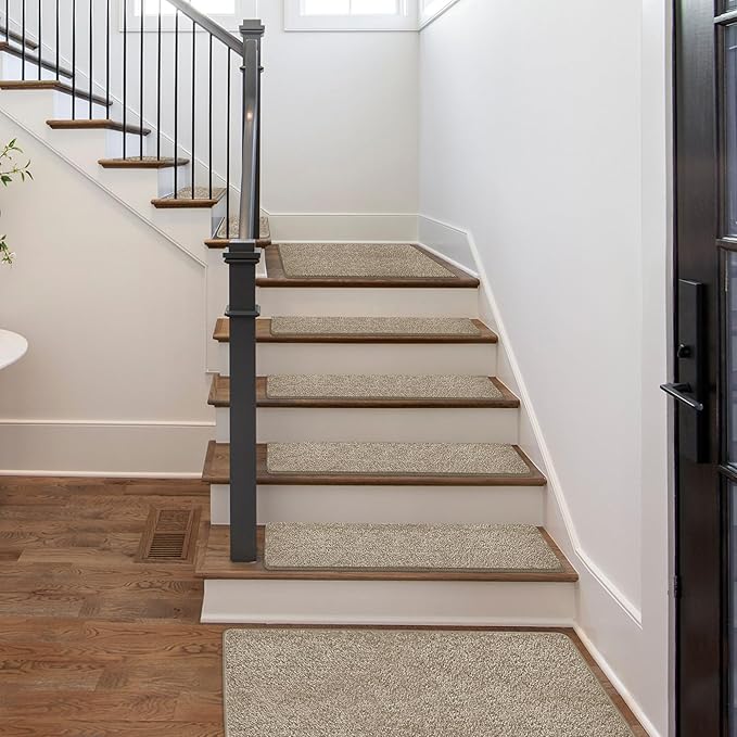 PURE ERA Carpet Stair Treads Tape Free Non Slip Indoor Stair Carpet Stair Protectors Pet-Friendly Non-Slip Skid Resistant Washable Reusable 8" x 30"(2 Pieces,Cream Gray)