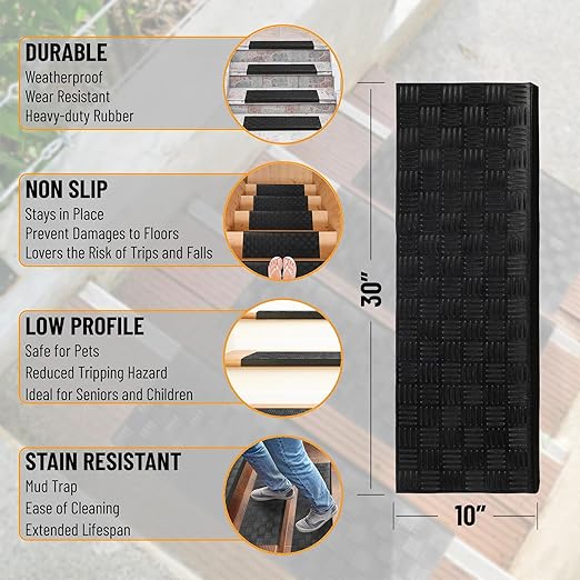 Ottomanson All-Weather Bullnose Rubber Stair Treads – Non-Slip Step Mats for Wooden, Concrete, or Outdoor Stairs, Easy Maintenance, Tool-Free Placement, Pack of 5, 10" x 30", Black Ribbed Squares
