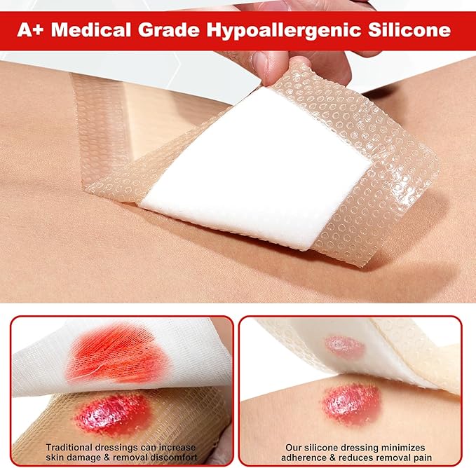 FRESINIDER 4" x 8" Pack of 5 Silicone Foam Wound Dressing - Waterproof Adhesive Bandages with Bordered - Super Absorbent & Breathable for Optimal Wound Care