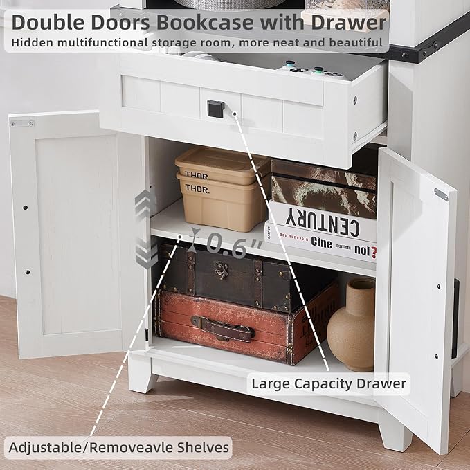 72in Tall Bookshelf 7 Tier Bookcase with Drawer and Barn Doors and Adjustable Shelves, White Farmhouse Book Shelf with Storage Cabinet, Wood Freestanding Display Bookshelves for Living Room
