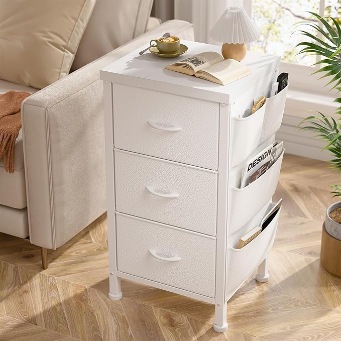 EnHomee Tall Nightstand, Night Stand with Drawers for Bedroom, Bedside Table with Wooden Top, Sturdy Steel Frame End Table, Dorm Nightstand for Bedroom, Entryway, Hallway, Closet, Cloth Bags,White