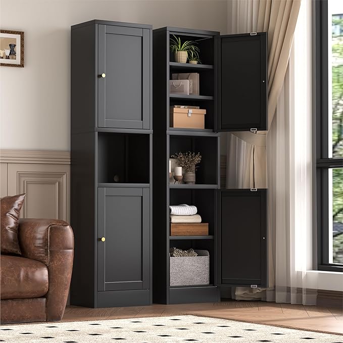 2-Door Metal Storage Cabinet, Tall Slim Pantry Organizer with 3 Adjustable Shelves (120LBS/Shelf), Anti-Tipping Waterproof Cabinet for Bathroom/Kitchen/Home Office/Small Spaces, (1PC,Black)