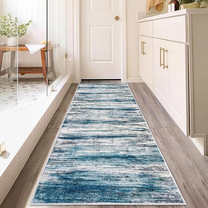 KOZYFLY Runner Rug 3x8 Modern Ombre Runners for Hallways, Washable Rugs for Bedroom Non-Slip Soft Stain Resistant Striped, Print Blue Abstract Carpet for Living/Laundry/Kid Room