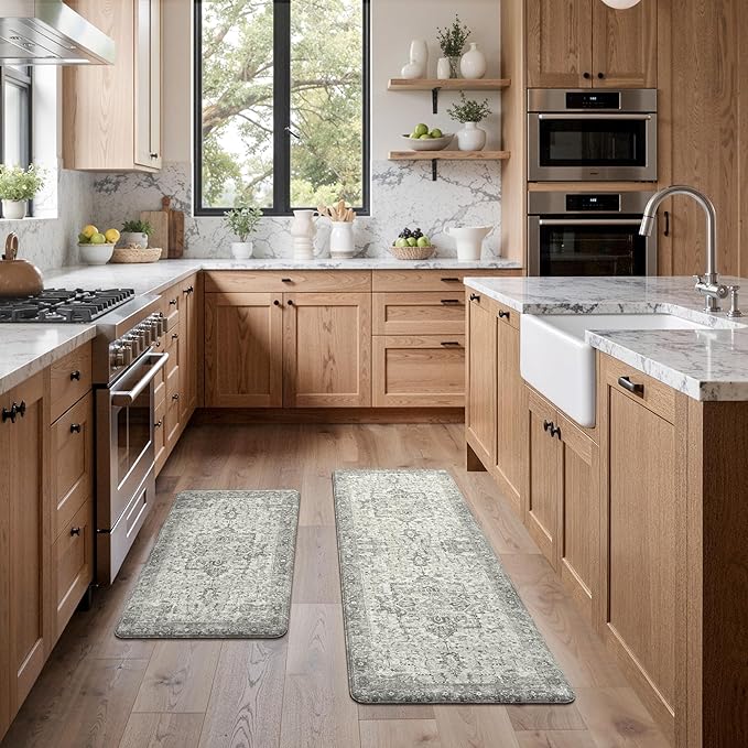 GENIMO Kitchen Mats for Floor 2PCs, Washable Anti Fatigue Mat for Cushioned, 17.3"x47"+17.3"x30", Waterproof Kitchen Rugs, Non Slip Comfort Standing Mat Rug for Home, Sink, Laundry, Stone Gray