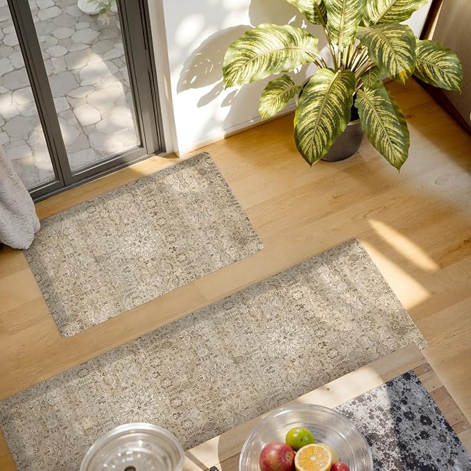Collive Kitchen Mats for Floor 2PCS, Cushioned Anti Fatigue Rugs Non Slip Waterproof Kitchens Sink Rug, Vintage Floral Comfort Standing Mat for Laundry, Desk, Bar, Office, 17.3''x28''+17.3''x47''