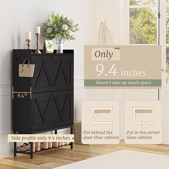 Narrow Shoe Storage Cabinet with 2 Flip Drawers & Adjustable Shelf for Entryway, Freestanding Hidden Slim Shoe Organizer Rack, Black