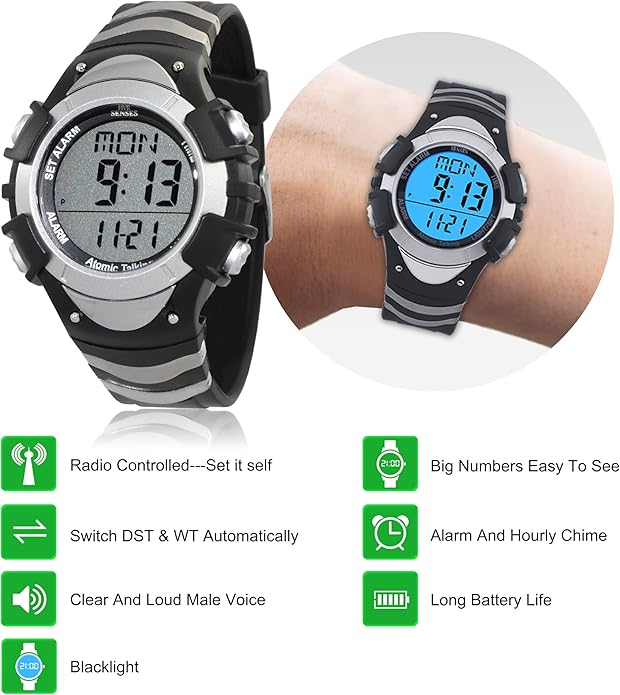 FIVE SENSES Atomic English Talking Watch for Seniors Men and Women Talking with Day-Date Loud Alarm Clock Visually Impaired (Silver)