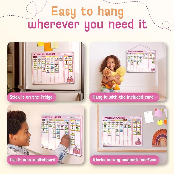 Visual Schedule for Kids - 2-in-1 Weekly + Daily Schedule - Magnetic Schedule with 194 Magnets and Magnetic Backing - Chore Chart Kids - Routine Chart for Toddlers, Autism, ADHD - Pink