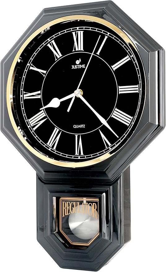 JUSTIME Traditional Schoolhouse Black & White Roman Regulator Wall Clock, Chiming Wall Clocks with Pendulum & Westminster Chime Hourly, Schoolhouse Wall Decor Battery Operated (Gun Metal)