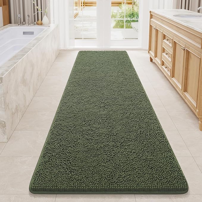 LOCHAS Luxury Bathroom Rug Shaggy Bath Mat 24 x 80 Inch, Washable Non Slip Bath Rugs for Bathroom Shower, Soft Plush Chenille Absorbent Carpets Mats, Olive Green