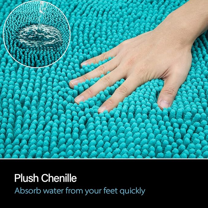 LOCHAS Luxury Bathroom Rug Shaggy Bath Mat 20 x 30 Inch, Washable Non Slip Bath Rugs for Bathroom Shower, Soft Plush Chenille Absorbent Carpets Mats, Teal Blue