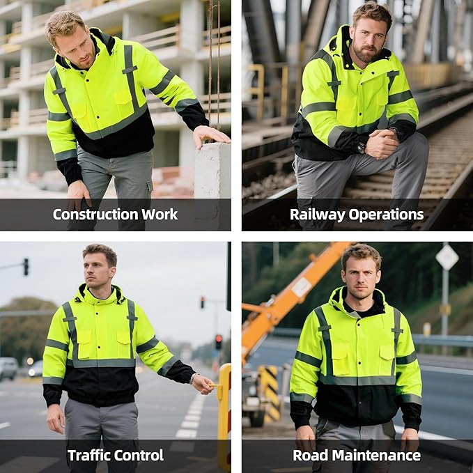 Hi Vis Safety Jackets for Men Waterproof Class 3 Reflective Construction Jacket for Winter Bomber Jacket