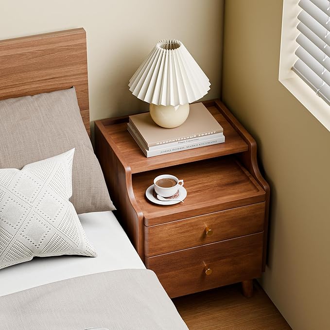Nightstand with Drawers, Pre-Assembled, 19.7" H Natural Solid Wood Night Stand with Open Sliding Shelf, Mid Century Modern Small Bedside Table Cabinet for Bedroom, End Side Table, Walnut