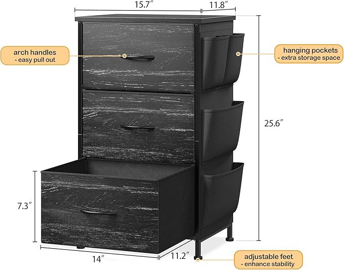 Night Stand Set 2, Night Stand with Drawers for Bedroom, Bedside Table with Wooden Top, Sturdy Steel Frame End Table, Dorm Nightstand for Bedroom, Entryway, Hallway, Closet, Cloth Bags, Hooks, Black
