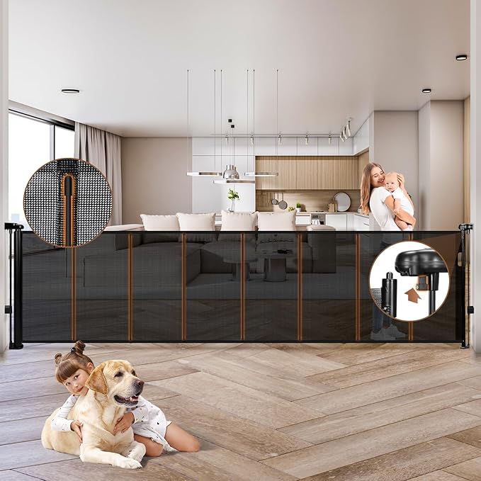 236" Retractable Baby Gate Extra Wide, 41" Tall Retractable Dog Gate for Stairs, Doorways, Decks, Mesh Gate Long Child Gate Pet Gate for Indoor, Outdoor, with Reinforced Mesh Rods, Dual Locks