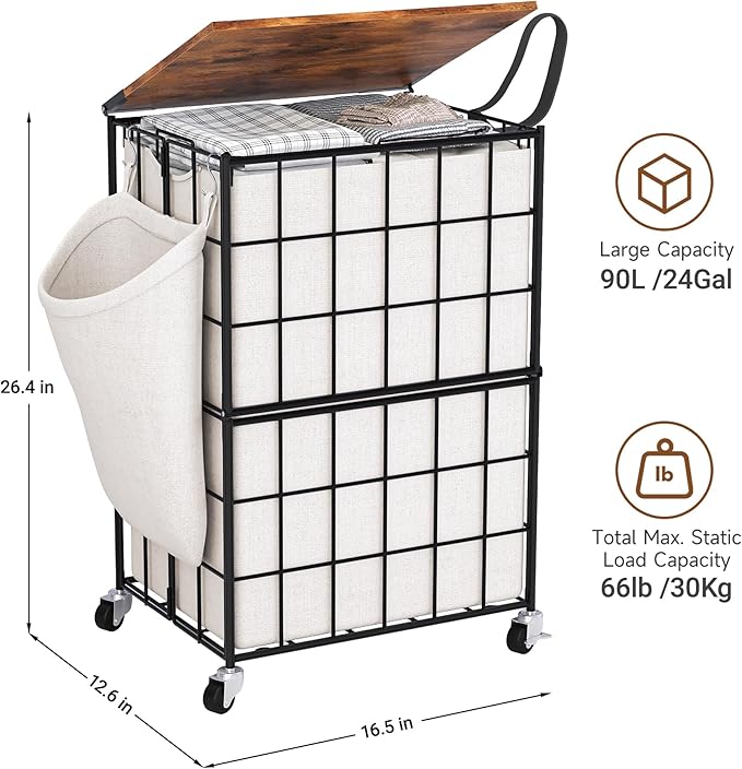 90L Laundry Basket with Wheels, Large Capacity Laundry Hamper with Removable Liner Bags, Heavy Duty Laundry Sorter with Solid Wood Lid & Leather Handles (Beige) TLH001B01
