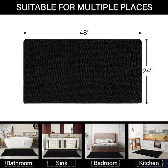 LOCHAS Luxury Bathroom Rug Shaggy Bath Mat 24 x 48 Inch, Washable Non Slip Bath Rugs for Bathroom Shower, Soft Plush Chenille Absorbent Carpets Mats, Black