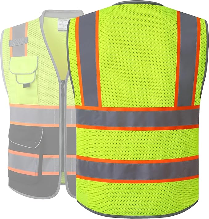 JKSafety 9 Pockets Class 2 Hi-Vis Safety Vest High Visibility Reflecitive Mesh Safety Vests for Men and Women Cushioned Collar Work Utility PPE Work Gear ANSI/ISEA compliant (101-YBlack XL)