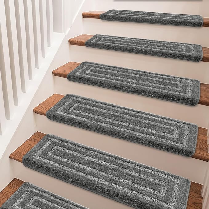 PURE ERA Bullnose Carpet Stair Treads Set Tape Free Non-Slip Indoor Stair Protectors Pet Friendly Rugs 9.5" x 30"(14 Pieces,Grey Rectangular)