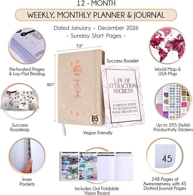 Deluxe 2026 Planner Weekly and Monthly | Law of Attraction Planner with Productivity App | 12-Month for Productivity, Gratitude & Goal Setting | Includes Foldable Vision Board, Gift Box & Stickers