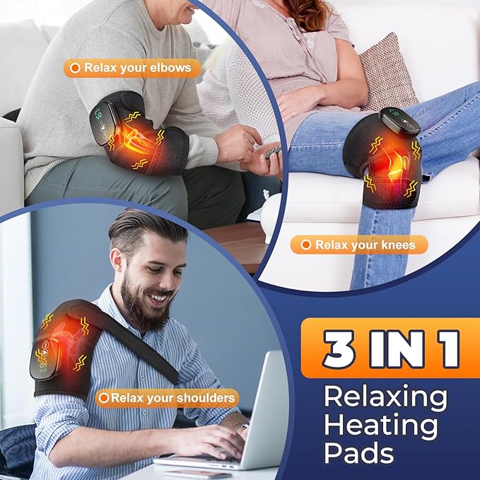 YUANBO Cordless Electric Heated Knee Massager, 3-in-1 Heated Knee Massager with Heat for Knee Elbow Shoulder Wrap with 3 Vibration & Heating Modes (2 Pack)