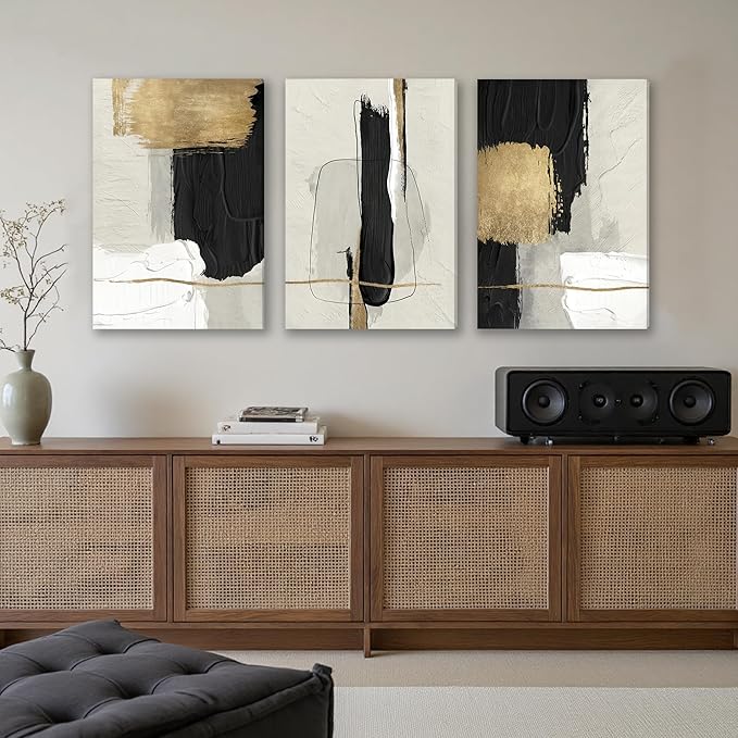 DUWQU 3 Piece Large Black and Gold Abstract Canvas Wall Art, Modern Black Gold and White Art Wall Decor, Minimalist Grey Beige Block Prints for Living Room Bedroom Office Home Decorations 20×30x3 In