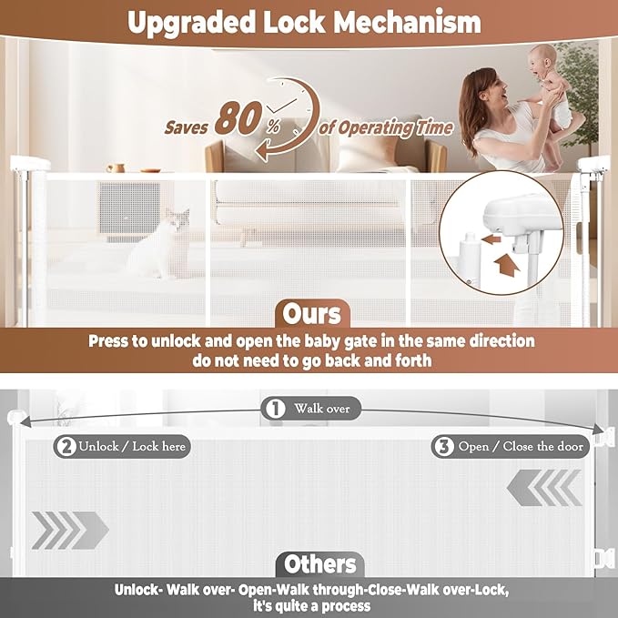 81" Retractable Baby Gate Extra Wide, 41" Tall Retractable Dog Gate for Stairs, Doorways, Decks, Mesh Gate Long Child Gate Pet Gate for Indoor, Outdoor, with Reinforced Mesh Rods, Dual Locks