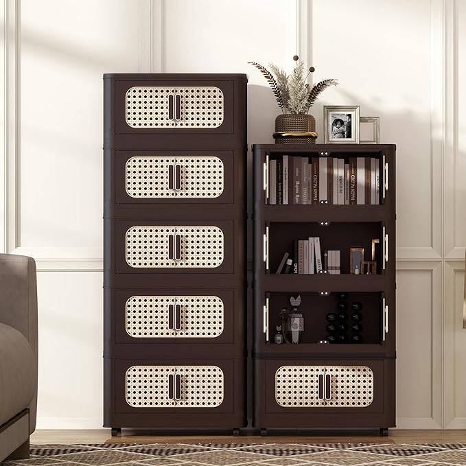 5 Tiers Folding Storage Cabinet,20" Side Wide Stackable Storage Bins with Doors and Wheels, Space Saving Plastic Cabinet for Living Room, Office, Dorm, Retro Brown