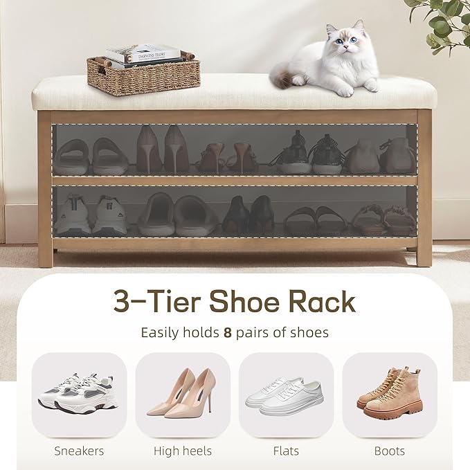 2 Tier Shoe Rack Bench with Cushion, Solid Wood Shoe Benches, Mid-Century Modern Shoe Storage Bench for Entryway, Hallway, Living Room, Closet, Front Door Entrance, (Beige, 39.4")