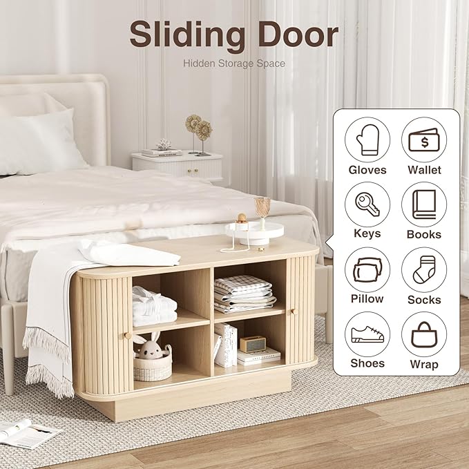63" W Small Shoe Storage Bench, Shoe Bench Entryway with Sliding Doors and Adjustable Shelvs, Wooden Low Cabinet for Hallway, Living Room, Bedroom, Apartment, Dorm, Mudroom, Garage, Oak, 2PCS