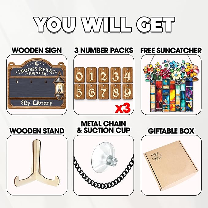 Books Read This Year Counter, Reading Tracker Sign for Home Library Decor, Book Suncatcher Ornament, Book Lover Gift for Librarian, Reader, Teacher, Women, Bookshelf Accessories for Wall & Table FF754