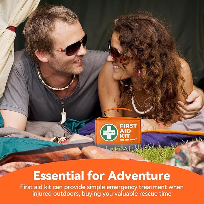 General Medi First Aid Kit - 150 Pieces Small Compact First Aid Kit Bag - Includes Instant Cold Pack, Emergency Blanket for Travel, Home, Office, Vehicle, Camping（Orange）