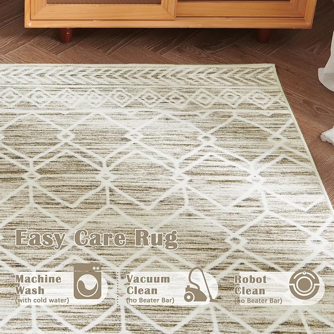 jinchan Moroccan 2x3 Rug for Entryway - Machine Washable Rug Modern Geometric Kitchen Soft Faux Wool Non-Slip Indoor Doormat Ultra-Thin Carpet for Entrance Bathroom Bedroom Living Room (2x3ft, Taupe)