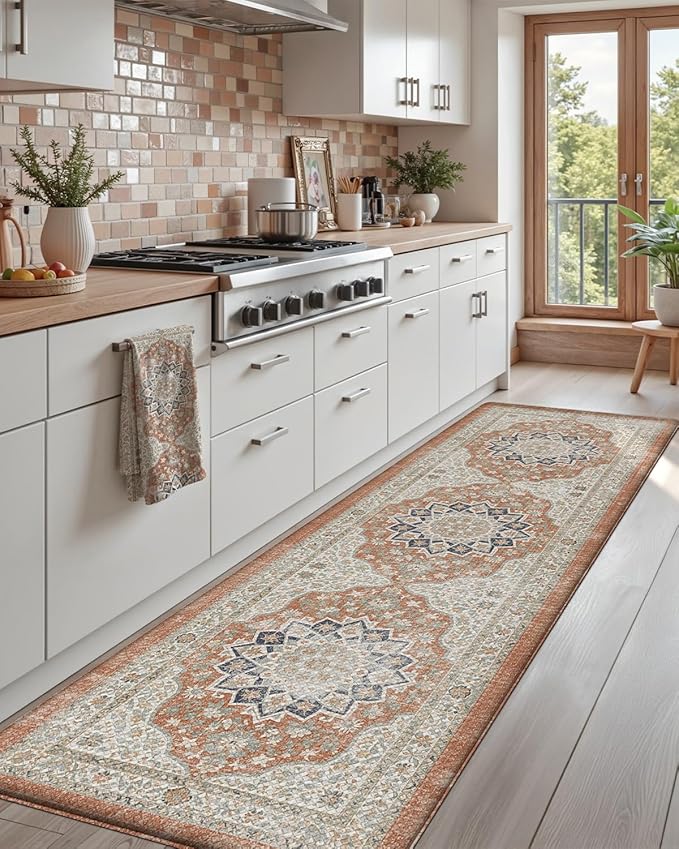 DEXI Kitchen Floor Mats Anti Fatigue, 23x86 Large Long Cushioned Vintage Runner Rug Waterproof, Standing Comfort Memory Foam Padded for Front Sink Laundry Office, Orange and White